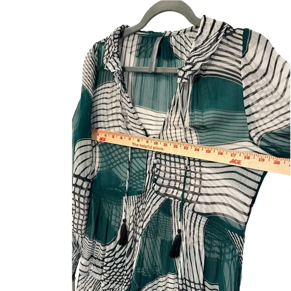 Anthropologie XS Marais Geometric Printed Sheer Chiffon Maxi Dress Boho Green - Picture 8 of 13